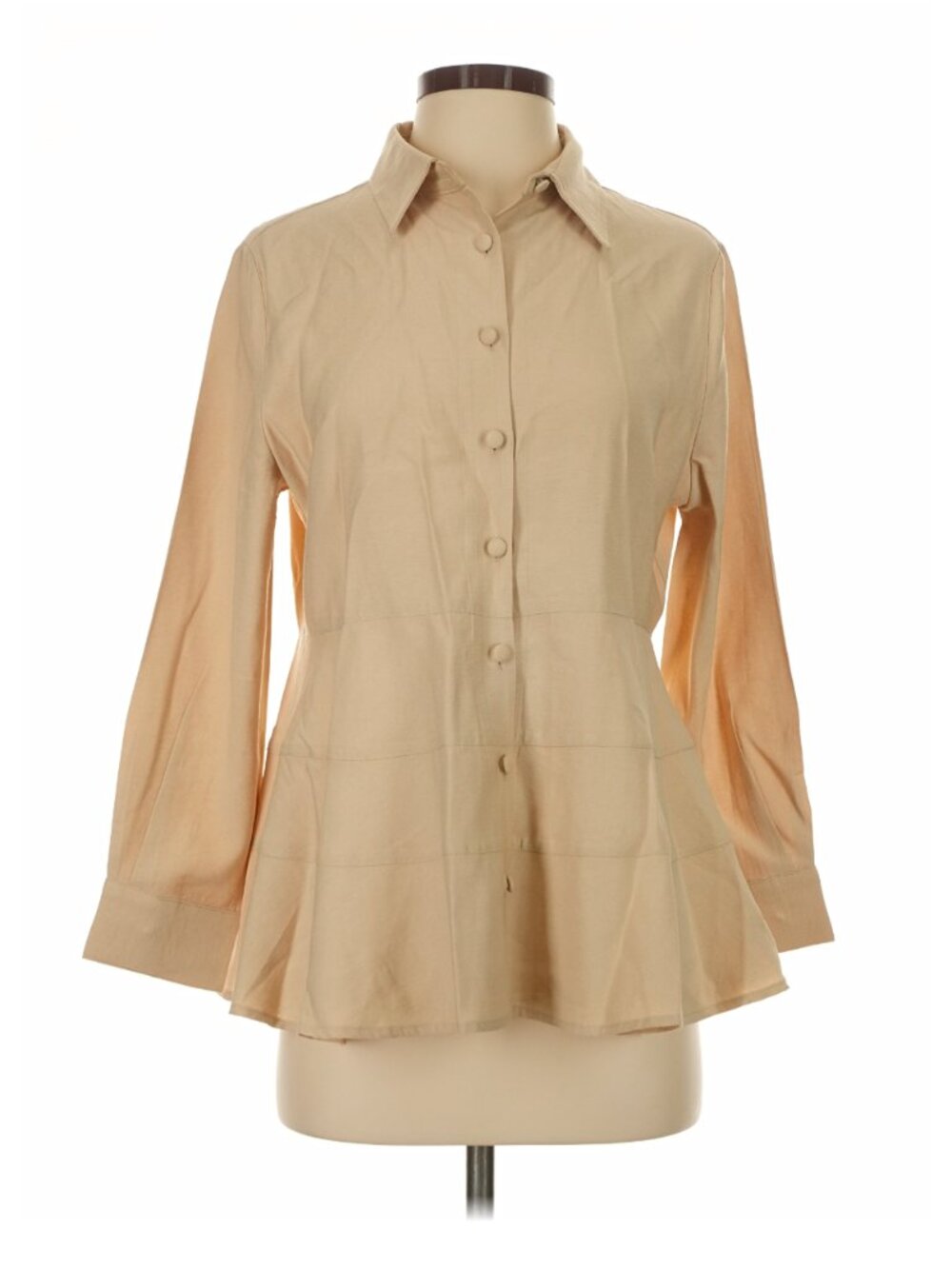 POMANDER PLACE Tan Ashlen Blouse Tiered Peplum Button Down NWT
